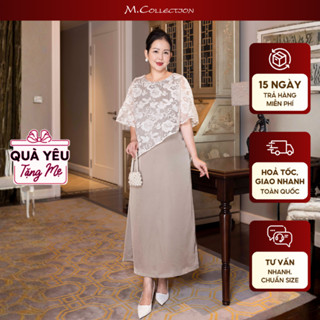  M COLLECTION | Váy Đầm Nữ Trung Niên Tặng Mẹ Cổ Tròn Lụa Mờ Phối Choàng Tơ Thêu Hoa Vạt Chéo D13221 