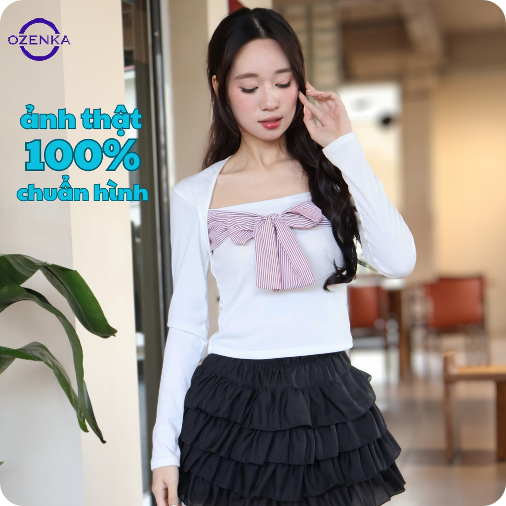 Áo croptop thun tăm cổ vuông tay dài phối nơ kẻ ozenka - Áo Kiểu cổ rộng Nữ Coquette Tiểu Thư Hàn Qu