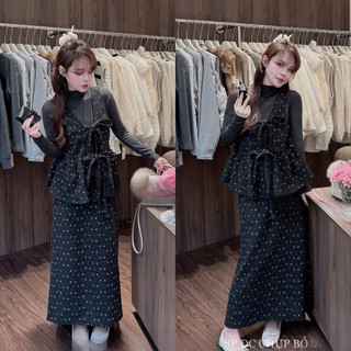   S2.4245  Set Dạ In Hoa 3 Món Áo Gile Buộc Nơ Mix Áo Len Lông Thỏ + CVáy A Dáng Dài 2 Màu   cvay có chun sau xẻ sau  
