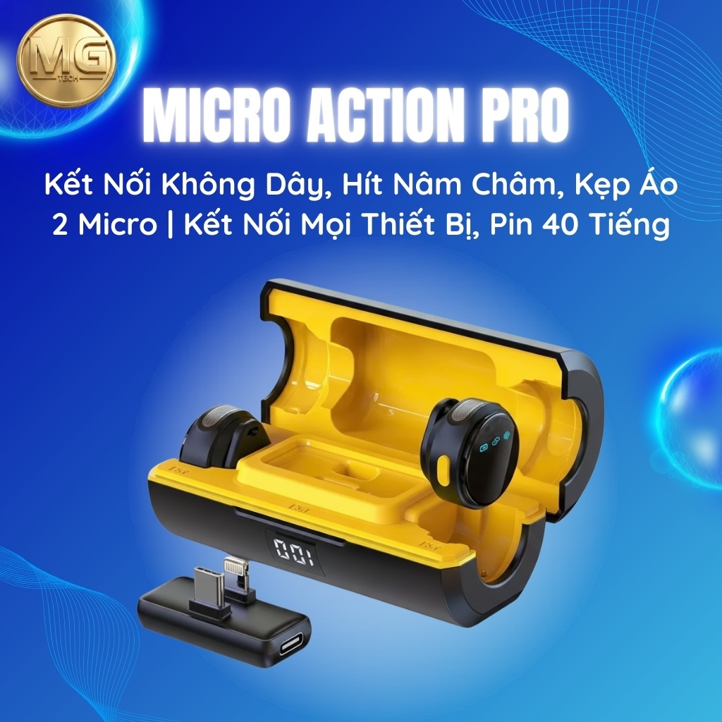 Micro Action Pro | Kết Nối Không Dây, Hít Nâm Châm, Kẹp Áo, 2 Mic | Kết Nối Mọi Thiết Bị, Pin 40 Giờ
