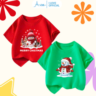 [MỚI] Áo thun cộc tay cho bé AORE, Áo phông tay ngắn in hìnhMerry Christmas Người Tuyết mừng NOEL,chất COTTON 9-36kg