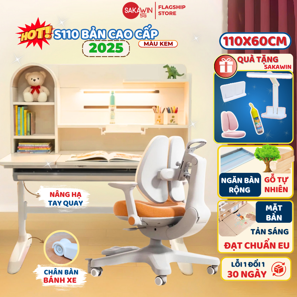 (ĐẶC BIỆT) Bộ bàn học thông minh Sakawin S110 bản Kem cao cấp Nâng cấp chân bàn to chắc chắn Bánh xe