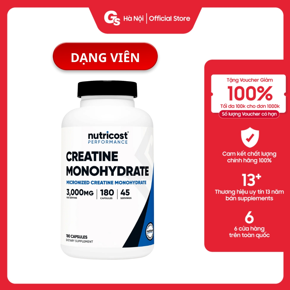 Viên uống Nutricost Creatine Monohydrate (3gram/serving) hỗ trợ pump cơ, tăng sức mạnh - Gymstore