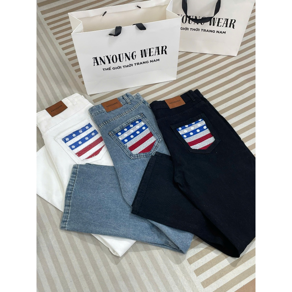 Quần Jean Ống Suông Rộng ANYOUNG-Nổi Bật Với Túi Sau Thêu  'Cờ Sao' Form Rộng Streetwear Nam Nữ Chất