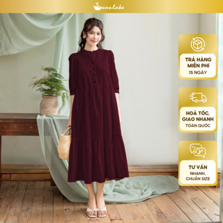  SWANLAKE | Váy Đầm Nữ Maxi Dáng Dài Cổ Trụ Cài Nút Tay Lỡ Chất Liệu Cotton Xếp Ly Đuôi Cá D12355 