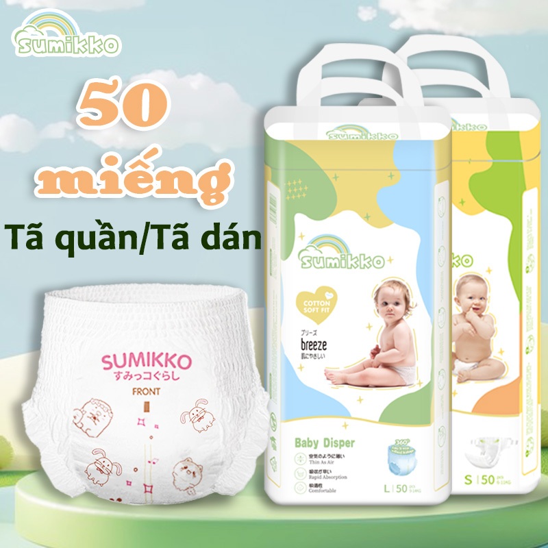 50 Miếng SUMIKKO tã em bé phù hợp với kích thước của em bé S/M/L/XL/XXL/XXXL tã em bé siêu mỏng, mềm và thở