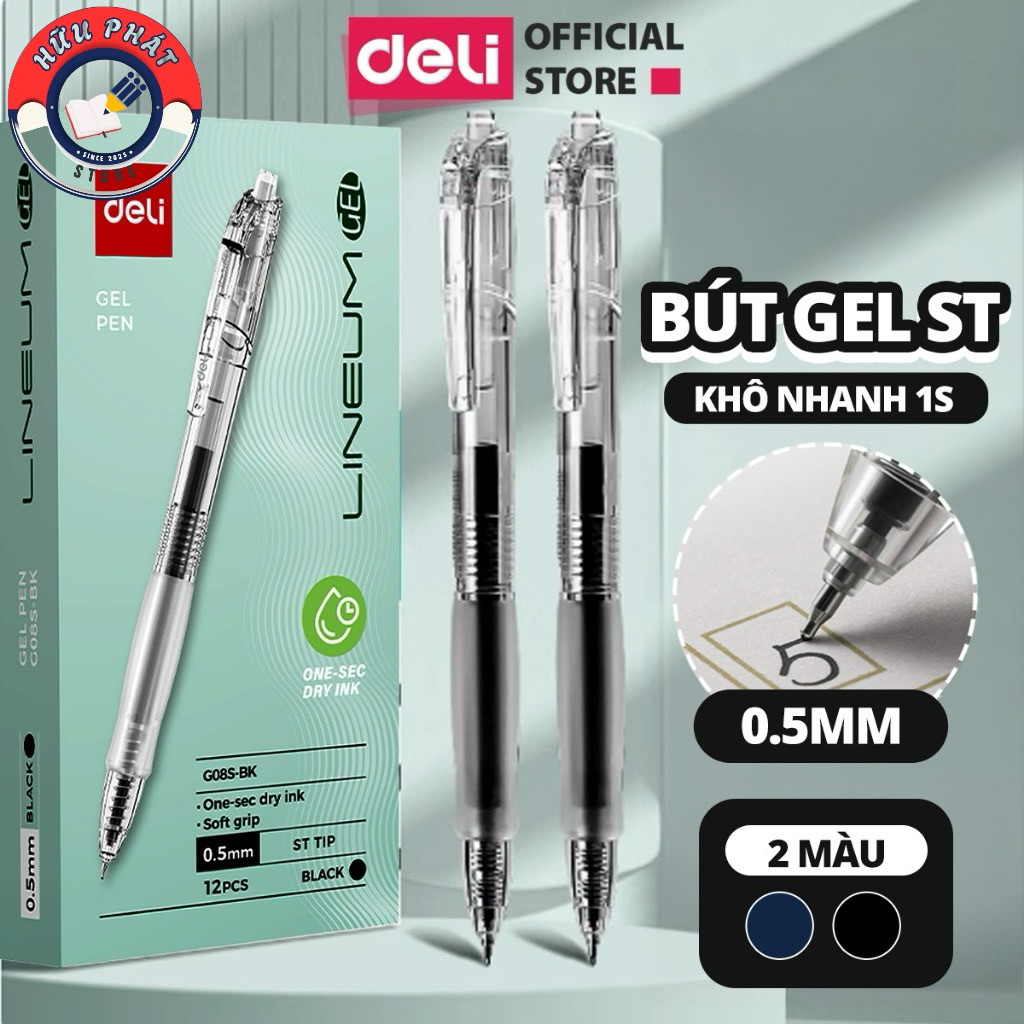 Bút Gel Bấm G08S Ngòi ST 0.5mm Deli Nhanh Khô Mực Xanh/Đen Thiết Kế Đệm Tay Êm Ái Cho Học Sinh Văn P