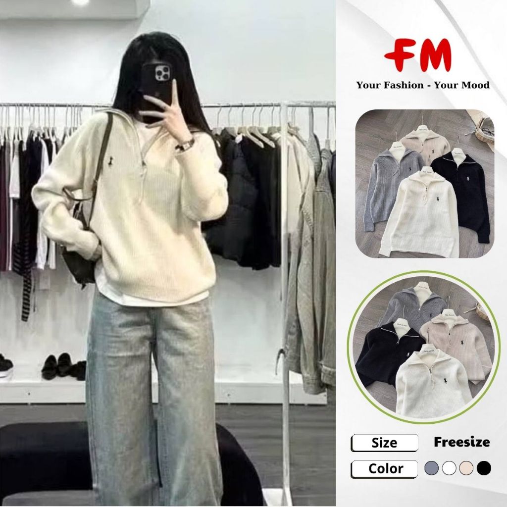 Áo Len Nữ Cổ Lọ Khóa Kéo Tay Dài Thêu Ngựa FMSTYLE Mềm Ấm Mùa Lạnh 25120331