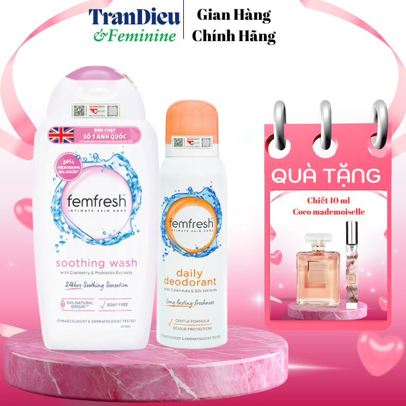 Combo Ngăn Ngừa Các Vấn Đề Phụ Khoa, DDVS Femfresh Soothing Wash & Xịt Thơm Mát Femfresh Deodorant S