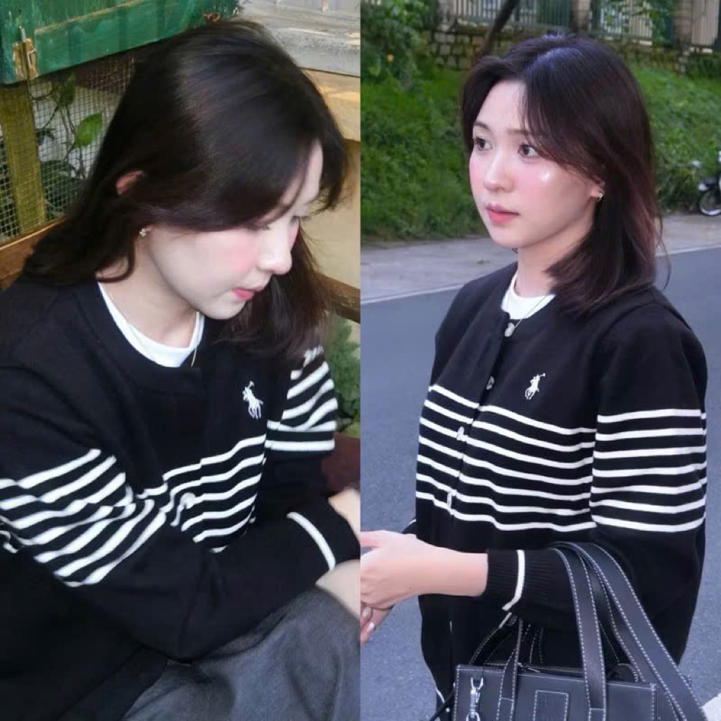 Áo cardigan len kẻ ngang basic logo thêu