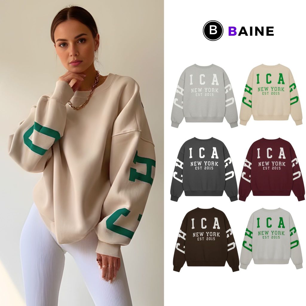 Áo Khoác SWEATER IN CHICAGO Tay Và Lưng Nỉ Bông KN30, Áo Khoác Form Rộng Nam Nữ Unisex BAINE