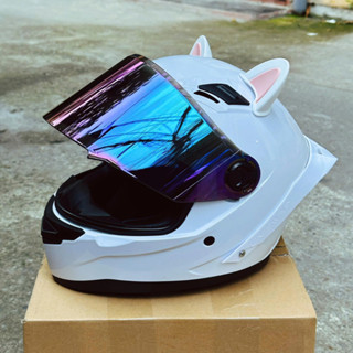  Mũ bảo hiểm Fullface A-g-u trắng bóng tặng tai mèo gắn sẵn đuôi gió Helmet 
