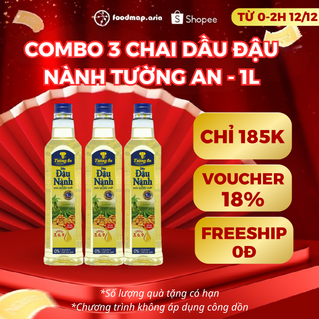 [CHỈ 52K/CHAI] Dầu Ăn Đậu Nành Tường An - Combo 3 Chai 1L - FoodMap