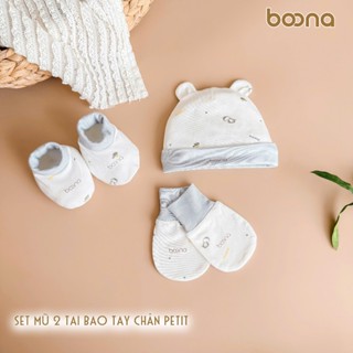 Set bao tay, bao chân kèm mũ tai Boona cho bé sơ sinh chất liệu petit co giãn tốt, giữ ấm cho bé