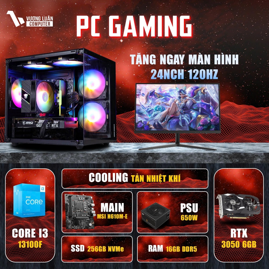 Bộ PC chơi game kèm màn hình I3 13100F - RTX 3050 6GB - SSD 256GB tặng kèm màn hình