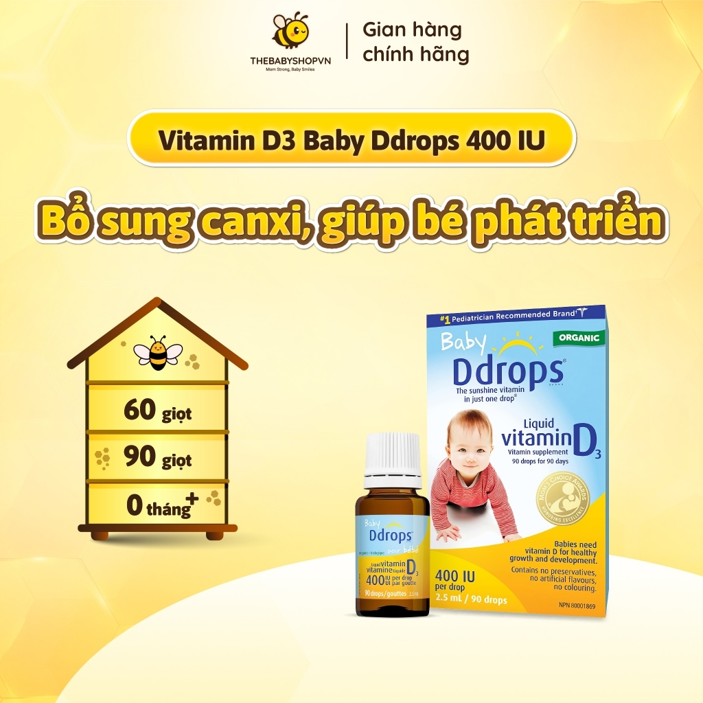 Baby Ddrops Vitamin D3 ddrop cho bé 90 giọt - Hàng Chuẩn Mỹ