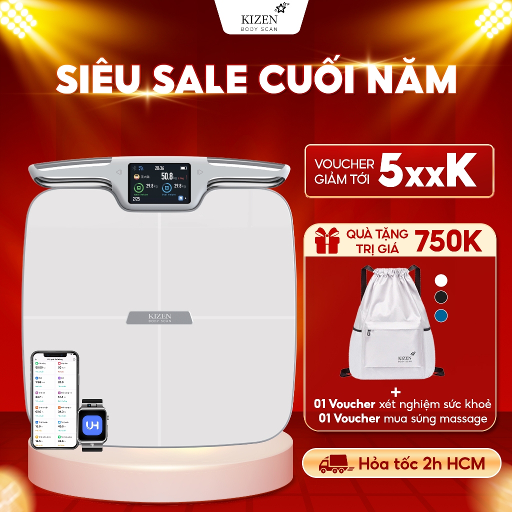 Cân Điện Tử Sức Khỏe Phân Tích 56 Chỉ Số Cơ Thể 8 Cực Kizen KZ-520 (Màu Trắng) Công Nghệ Dual BIA
