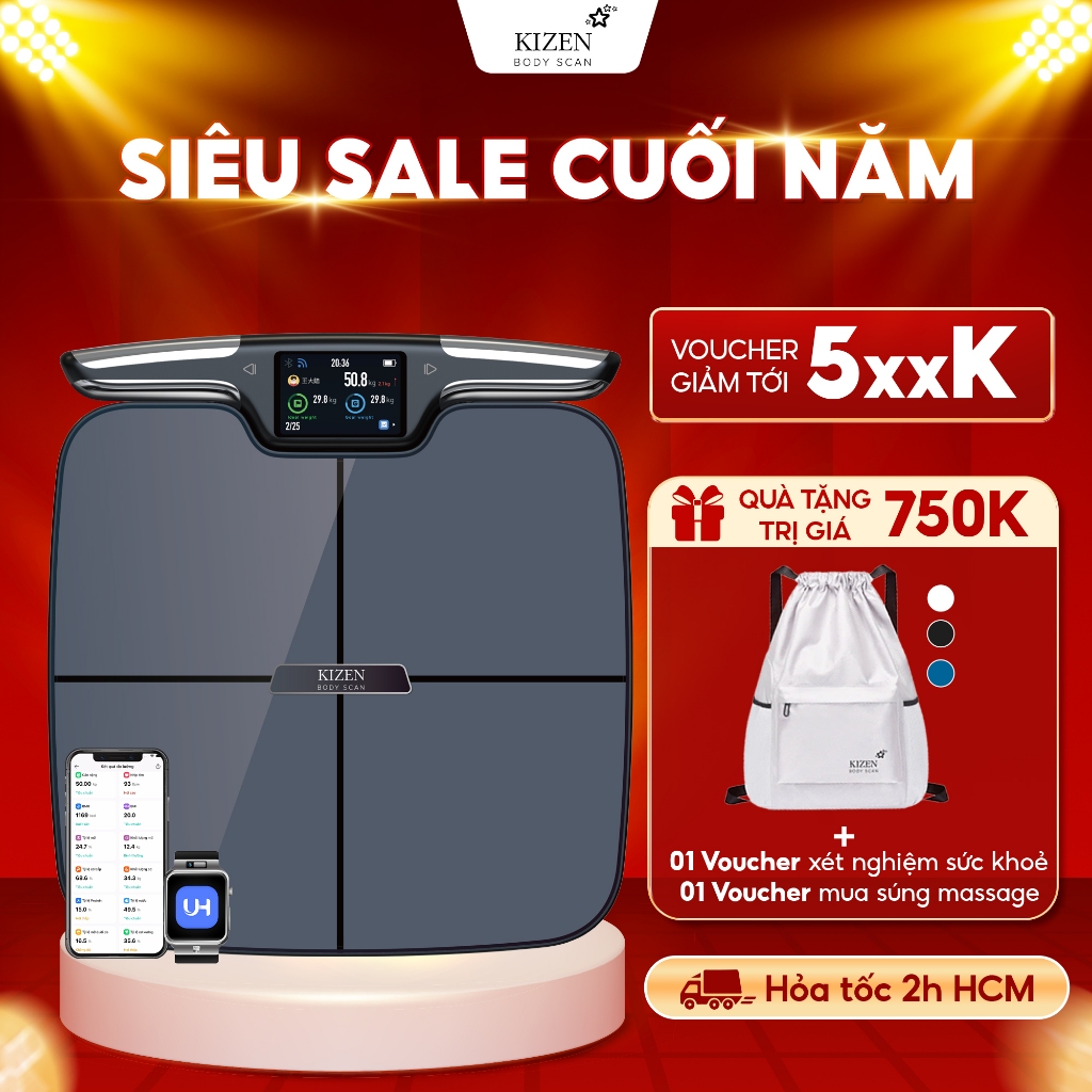 Cân Điện Tử Sức Khỏe Phân Tích 56 Chỉ Số Cơ Thể 8 Cực Kizen KZ-520 Dual BIA Lưỡng Tần - Nhật Bản