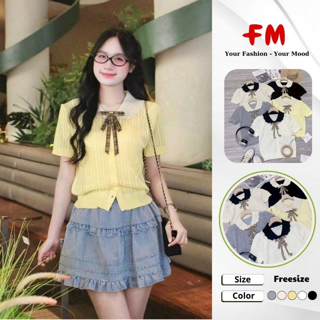 Áo Polo Len Nữ Tay Ngắn FMSTYLE Dệt Kim Tổ Ong Phối Nơ Thanh Lịch 25120367