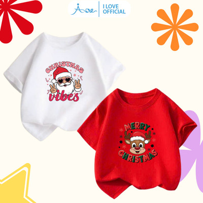 [MỚI] Áo thun CỘC TAY AORE Ông già NOEL, Áo cộc chất cotton in hình mừng giáng sinh cho bé trai, bé gái 10-35kg