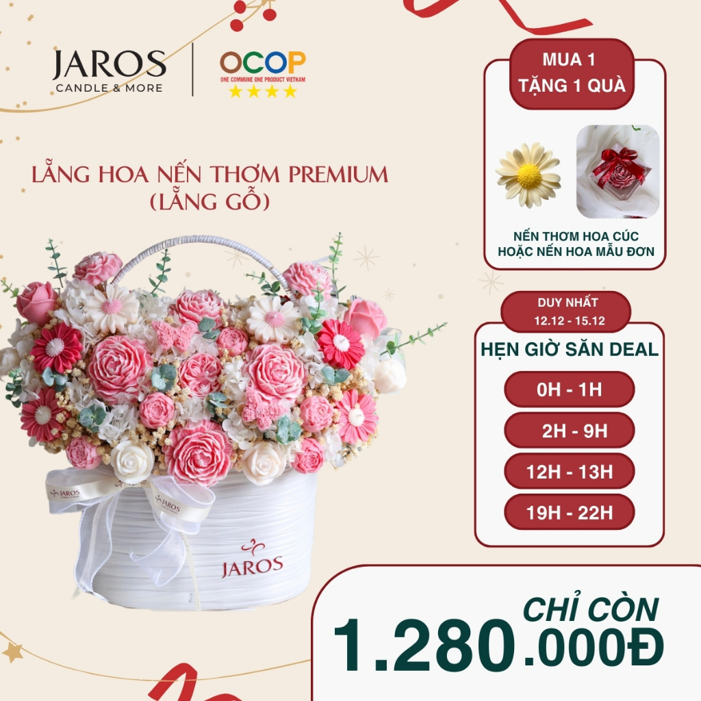 Giỏ Hoa Nến Thơm JAROS Candle Phiên Bản Premium Tỏa Hương Tự Nhiên  - Quà Tặng Sang Trọng