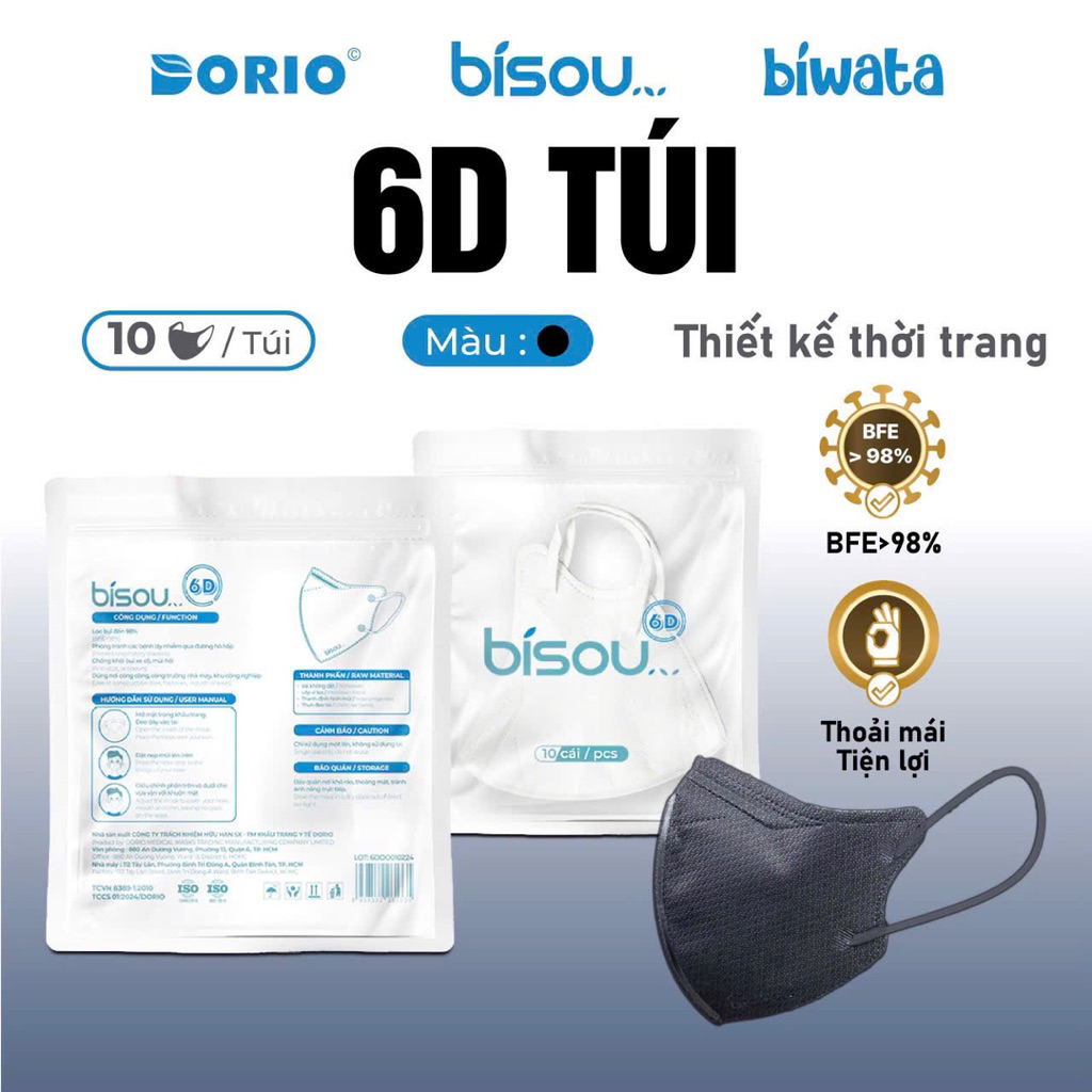 [Combo 3 gói 30c] Khẩu trang y tế 6D Bisou, vải đẹp dày mịn, không xù lông, không ngứa mũi