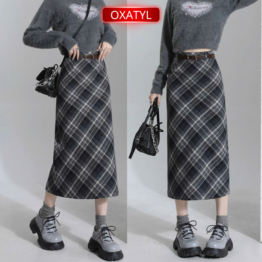  Chân váy dạ kẻ chất liệu vải dạ dáng dài oxatyl M91 