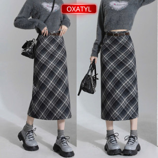  Chân váy dạ kẻ chất liệu vải dạ dáng dài oxatyl M91 