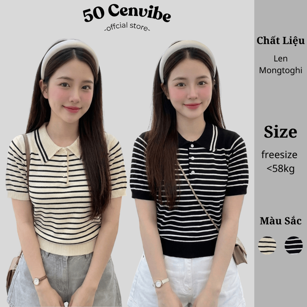 Áo Cổ Polo Nữ Cộc Tay, Kẻ Sọc Ngang Basic, Len Mongtoghi, Mỏng Mát, Phong Cách Korea (50 Cenvibe.Clo