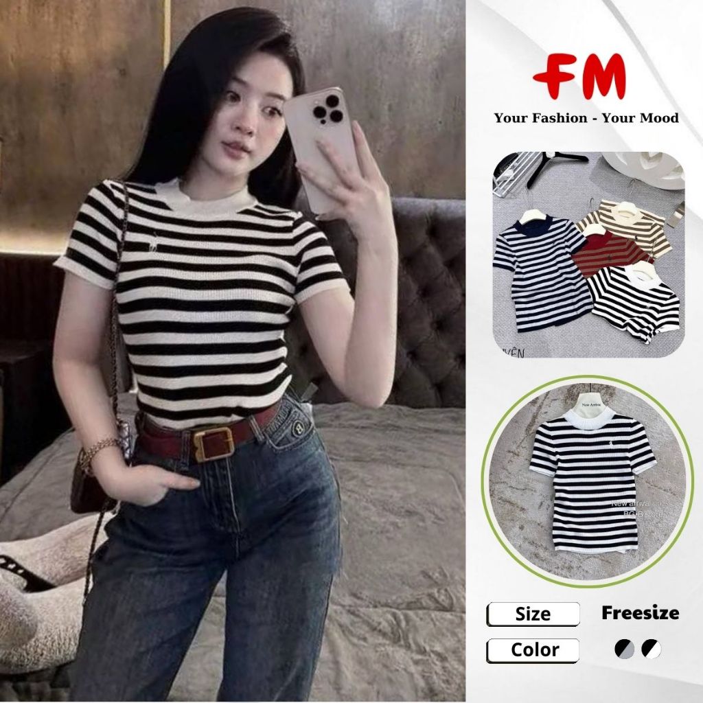 Áo Len Nữ FMSTYLE Tay Ngắn Kẻ Form Slimfit Thêu Ngựa Thanh Lịch Dễ Phối Đồ 25120365