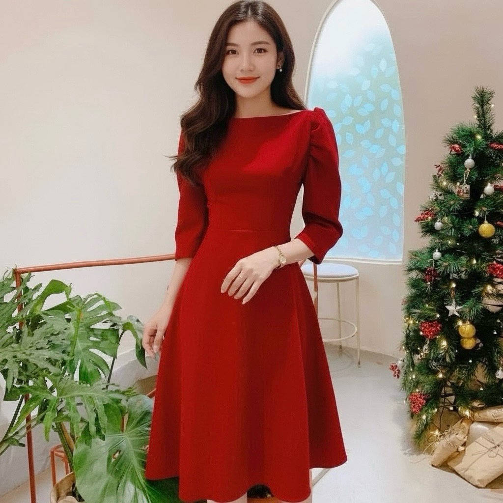 Đầm đỏ tay lỡ cổ thuyền, váy dự tiệc, váy noel, váy tết (kèm hình thật)