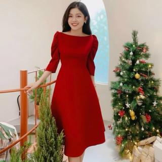 Đầm đỏ tay lỡ cổ thuyền, váy dự tiệc, váy noel, váy tết (kèm hình thật)