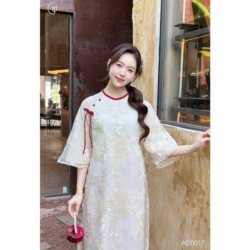 Áo dài cách tân nữ Giian thiết kế 4 tà dáng suông cổ tròn phối tay loe hoa thêu thủ công đính vải ren cao cấp AD0017 | BigBuy360 - bigbuy360.vn