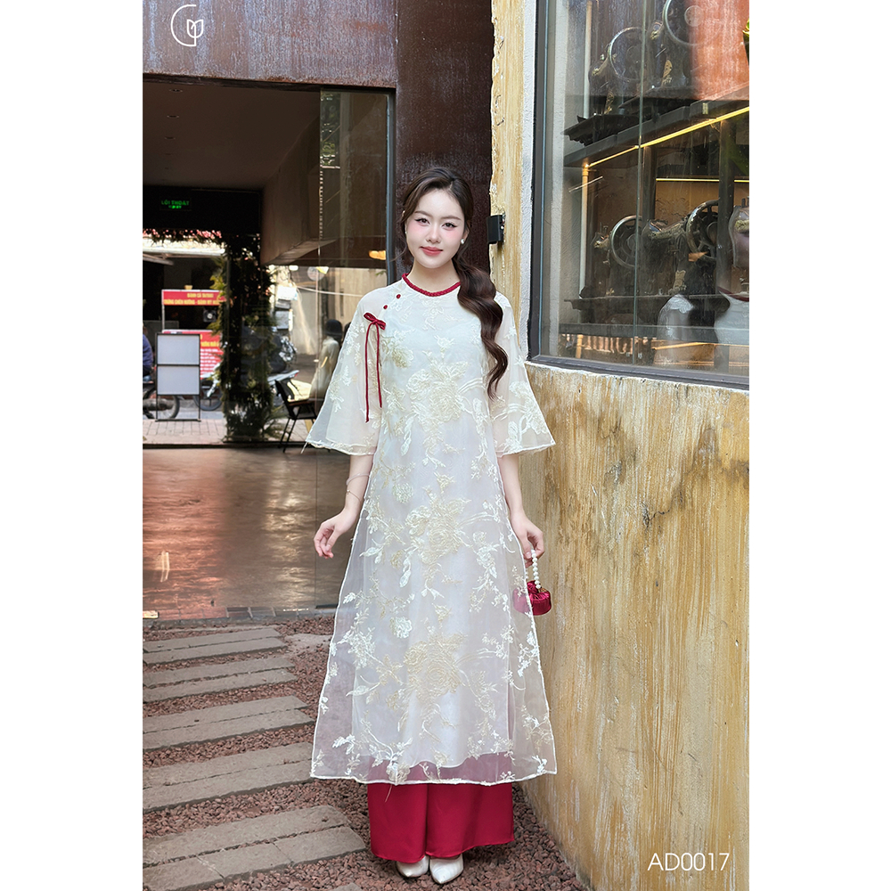 Áo dài cách tân nữ Giian thiết kế 4 tà dáng suông cổ tròn phối tay loe hoa thêu thủ công đính vải ren cao cấp AD0017 | BigBuy360 - bigbuy360.vn