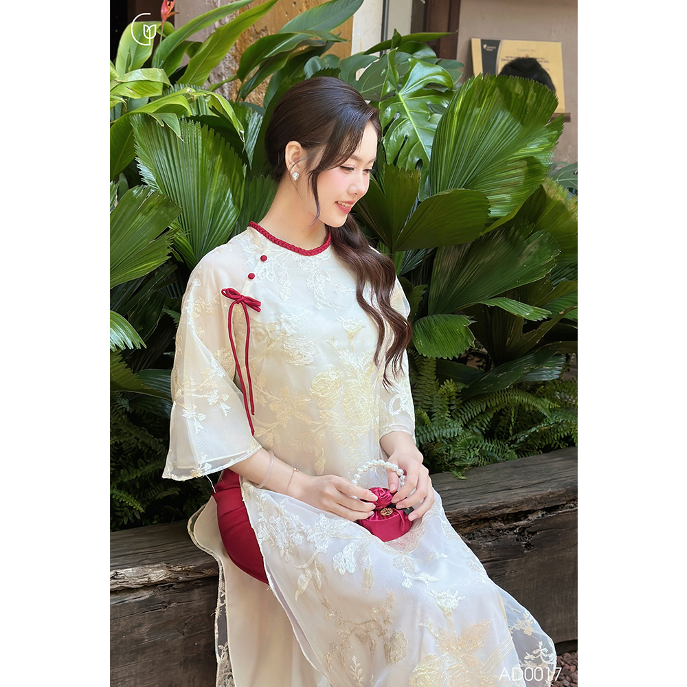 Áo dài cách tân nữ Giian thiết kế 4 tà dáng suông cổ tròn phối tay loe hoa thêu thủ công đính vải ren cao cấp AD0017 | BigBuy360 - bigbuy360.vn