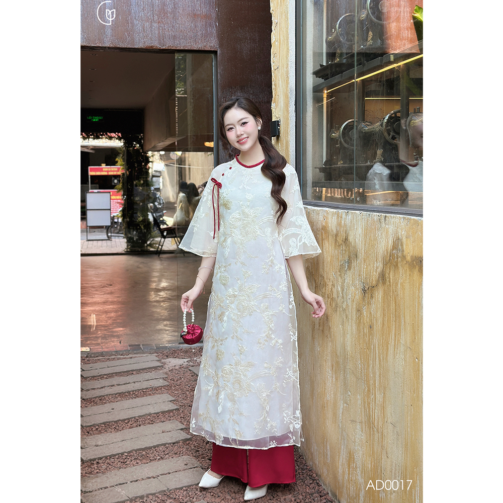 Áo dài cách tân nữ Giian thiết kế 4 tà dáng suông cổ tròn phối tay loe hoa thêu thủ công đính vải ren cao cấp AD0017 | BigBuy360 - bigbuy360.vn
