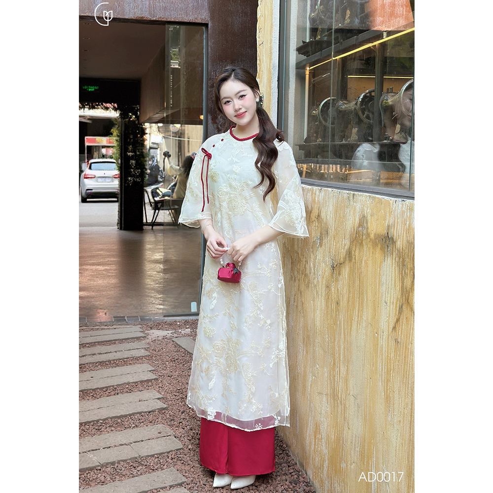 Áo dài cách tân nữ Giian thiết kế 4 tà dáng suông cổ tròn phối tay loe hoa thêu thủ công đính vải ren cao cấp AD0017 | BigBuy360 - bigbuy360.vn