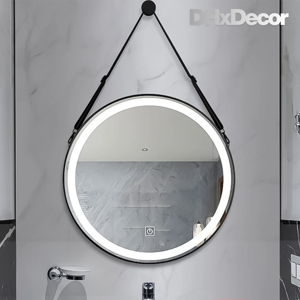 Gương Tròn Dây Da Đen Treo Tường LED 40/50/60cm Gương Trang Trí Phòng Ngủ/Bàn Trang Điểm - HDxDecor