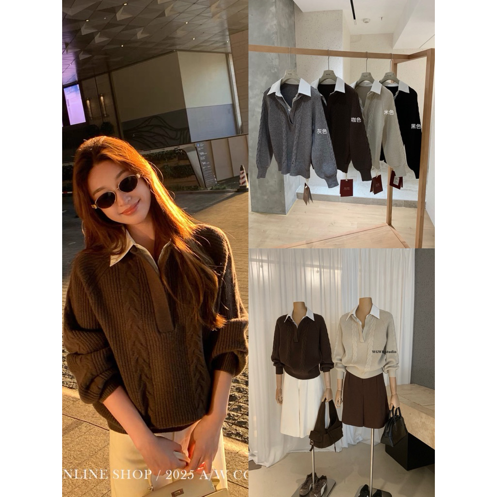 𝐢𝐦𝐜𝐡𝐢𝐜.𝟐𝟐𝐬 | Sẵn Áo Len Vặn Thừng Phối Cổ Sơ Mi WGWE Phong Cách Hàn Quốc Thời Trang Nữ