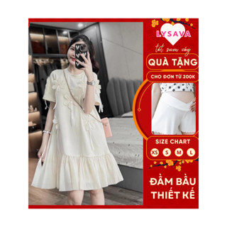  Đầm bầu nữ dáng babydoll LYSAVA đính hoa nổi tiểu thư váy bầu thiết kế phối bèo tơ đuôi cá V282 