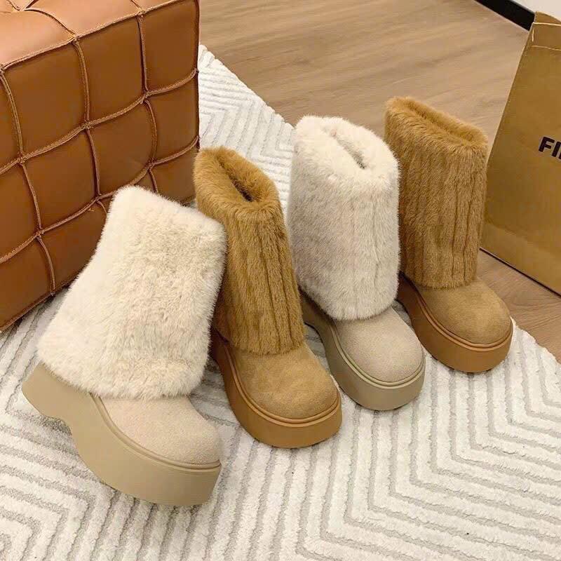 [PHOM TO LÙI SIZE] Giày bốt nữ cổ lông da lộn dạng xỏ đế cao 7 phân phong cách thời thượng GIÀY NHIÊN MỘC