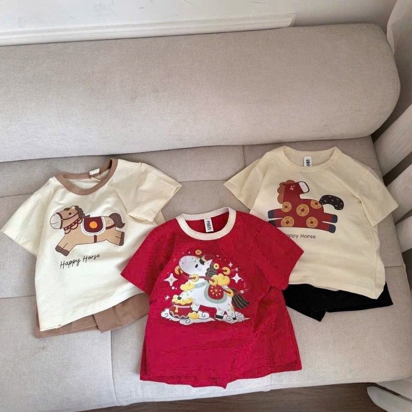 Bộ ngắn tay cotton 4 chiều in Happy Horse size 8-24kg - Hana House