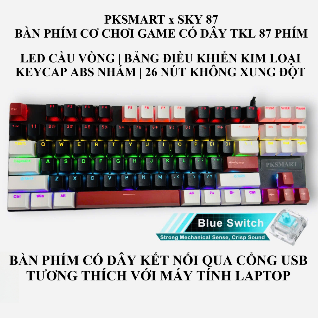 Bàn Phím Cơ Chơi Game Có Dây 87 Nút - PKSMART x SKY - Keycaps ABB Nhán Xuyên Led - LED Cầu Vồng Nhiề
