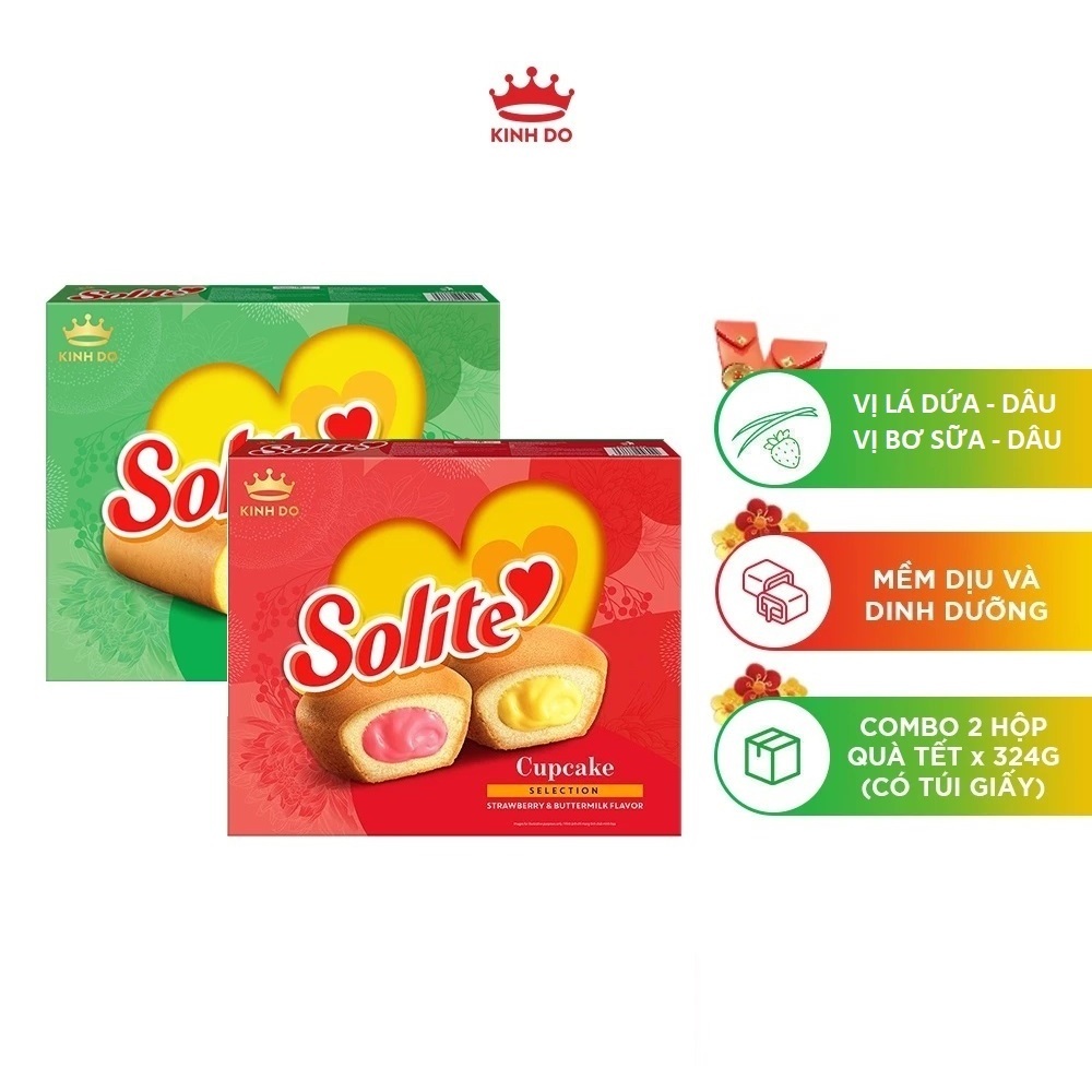 Hộp Solite Bánh Bông Lan Tròn Kem Vị Bơ Sữa-Dâu, Lá Dứa Dâu