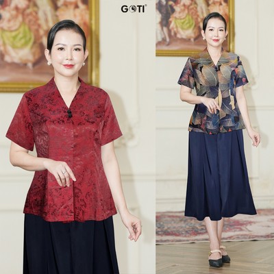 GOTI Đồ Bộ Trung Niên Lụa Thiết Kế Cao Cấp Quần Lững Ống Rộng Có Túi Bigsize Từ 45-80kg Tặng Mẹ 3415