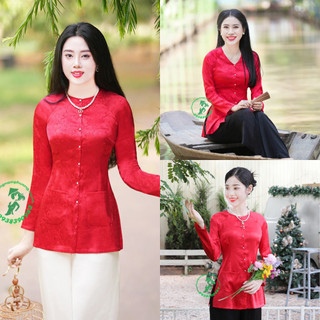 Áo bà ba nữ đẹp Nam Phương đỏ tươi gấm lụa họa tiết hoa mẫu đơn - GNP149 (Áo lẻ không kèm quần)