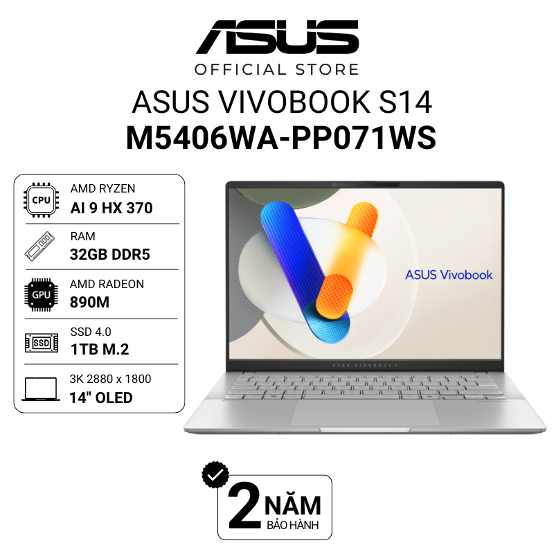 Laptop Asus Vivobook S 14 OLED M5406WA-PP071WS Ryzen AI 9 HX 370 | 32GB | 1TB Radeon | 14" 3K Win 11