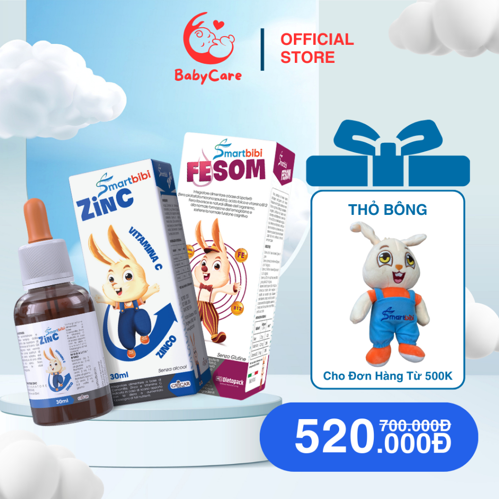 Sắt kẽm hữu cơ cho bé Smartbibi Zinc - Fesom giúp hỗ trợ ăn ngon, giảm biếng ăn, tăng sức đề kháng