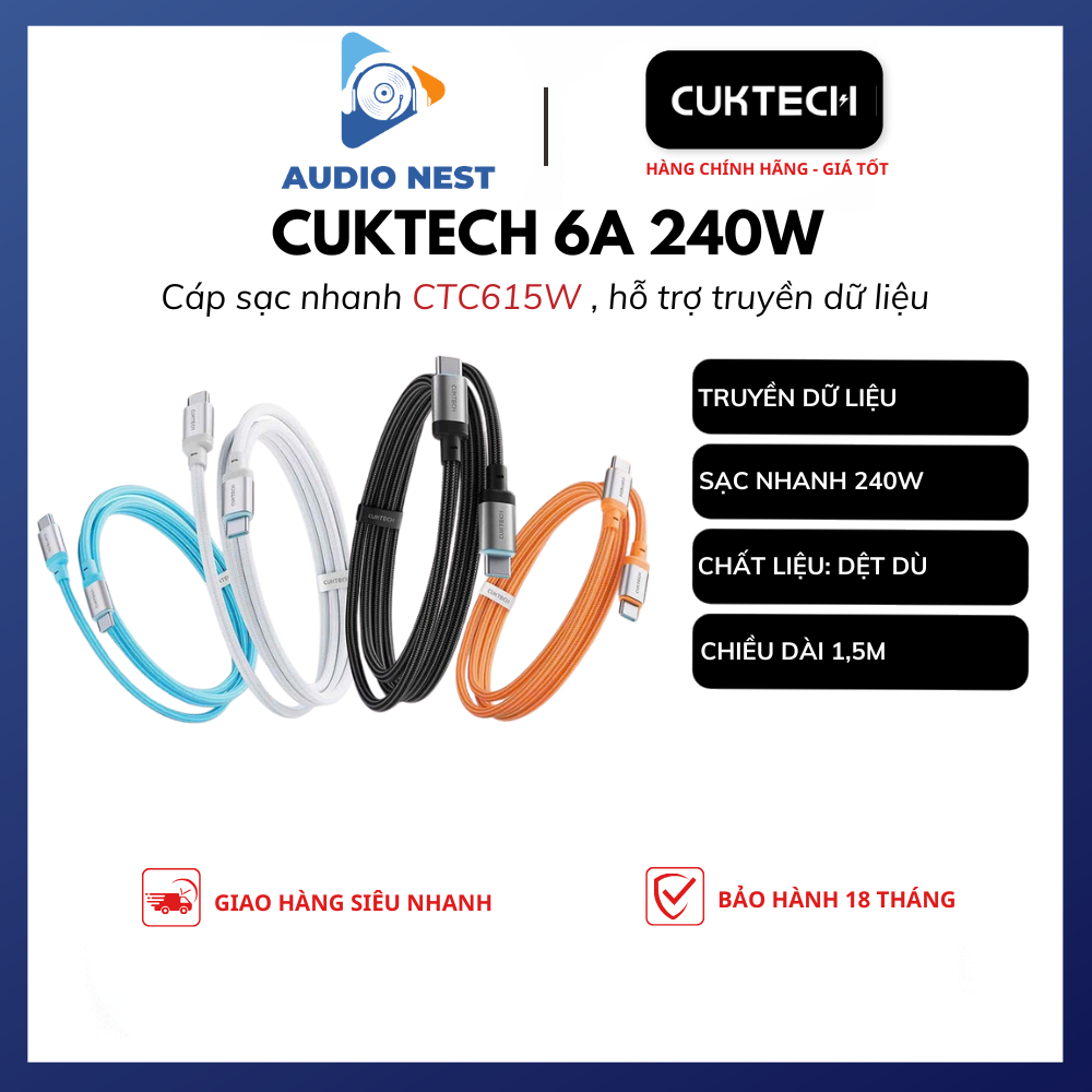 Cáp Sạc Nhanh Cuktech CTC615W 240W 6A Truyền Dự Liệu - Bảo Hành 18 Tháng