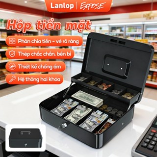  LANLOP Két Tiền Thu Ngân Két sắt mini Trường hợp thanh toán xách tay hai lớp Hộp tiền có chìa khóa Hộp lưu trữ Đen Màu 
